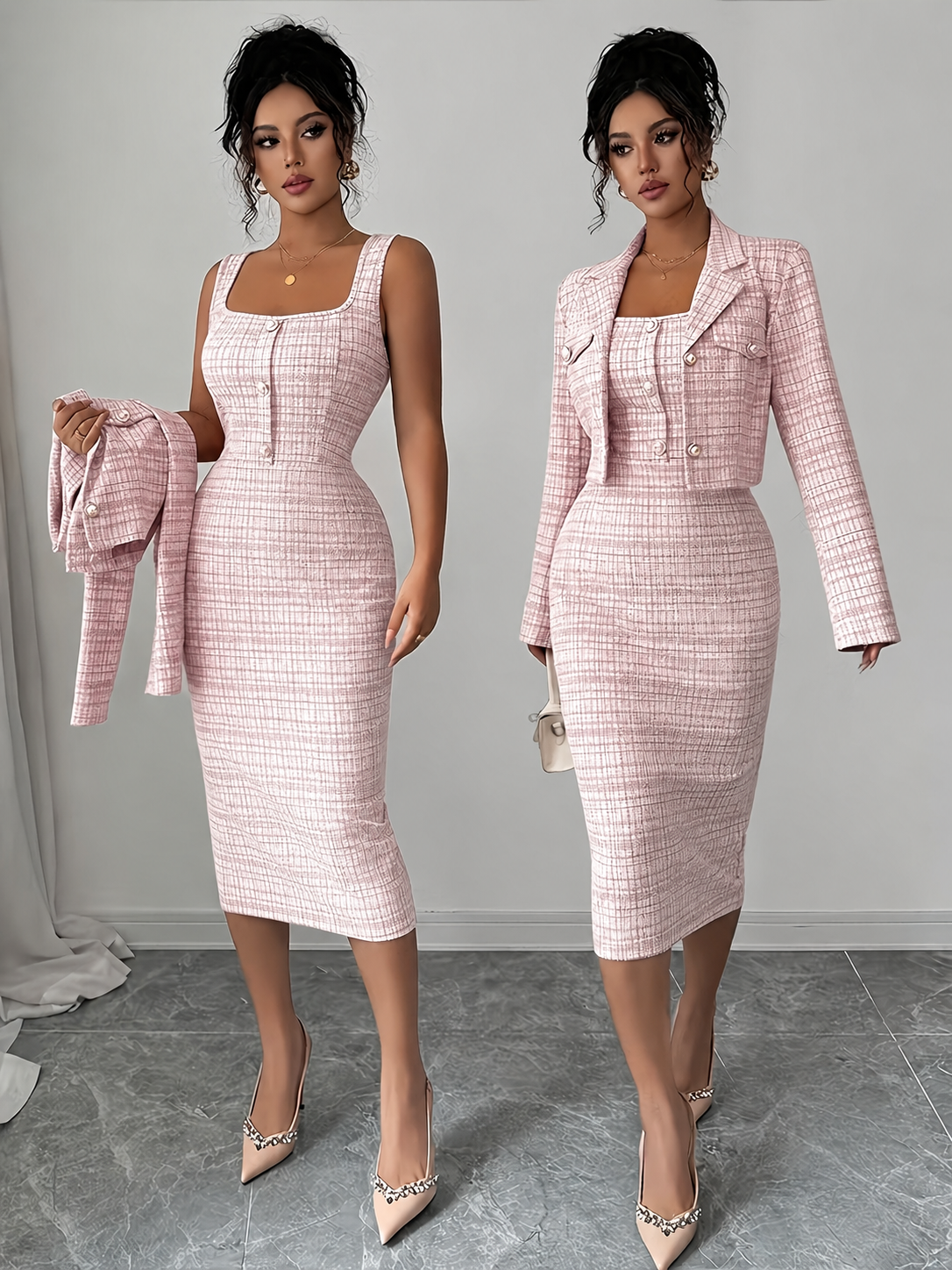 Conjunto de tweed a cuadros Celeste