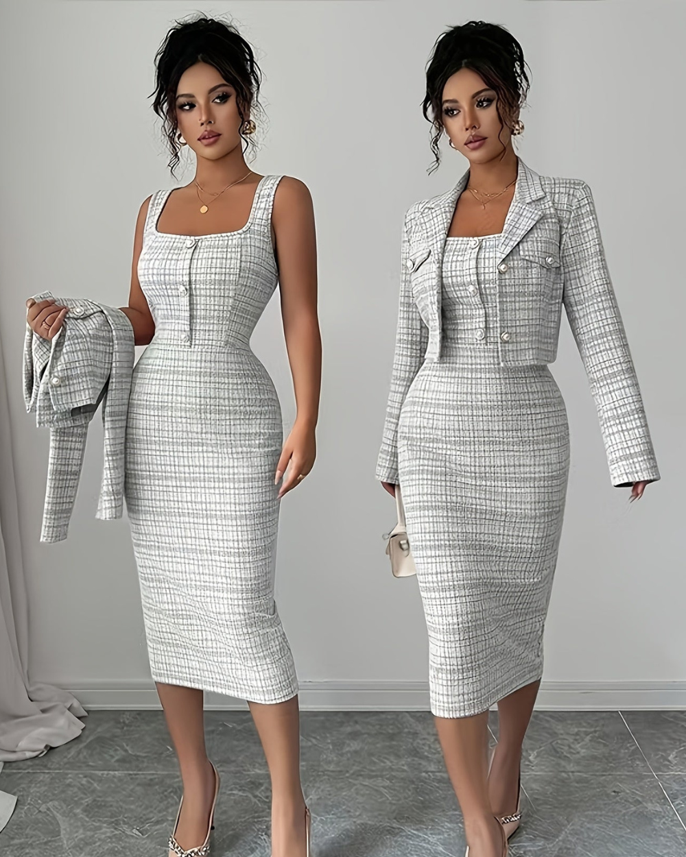Conjunto de tweed a cuadros Celeste