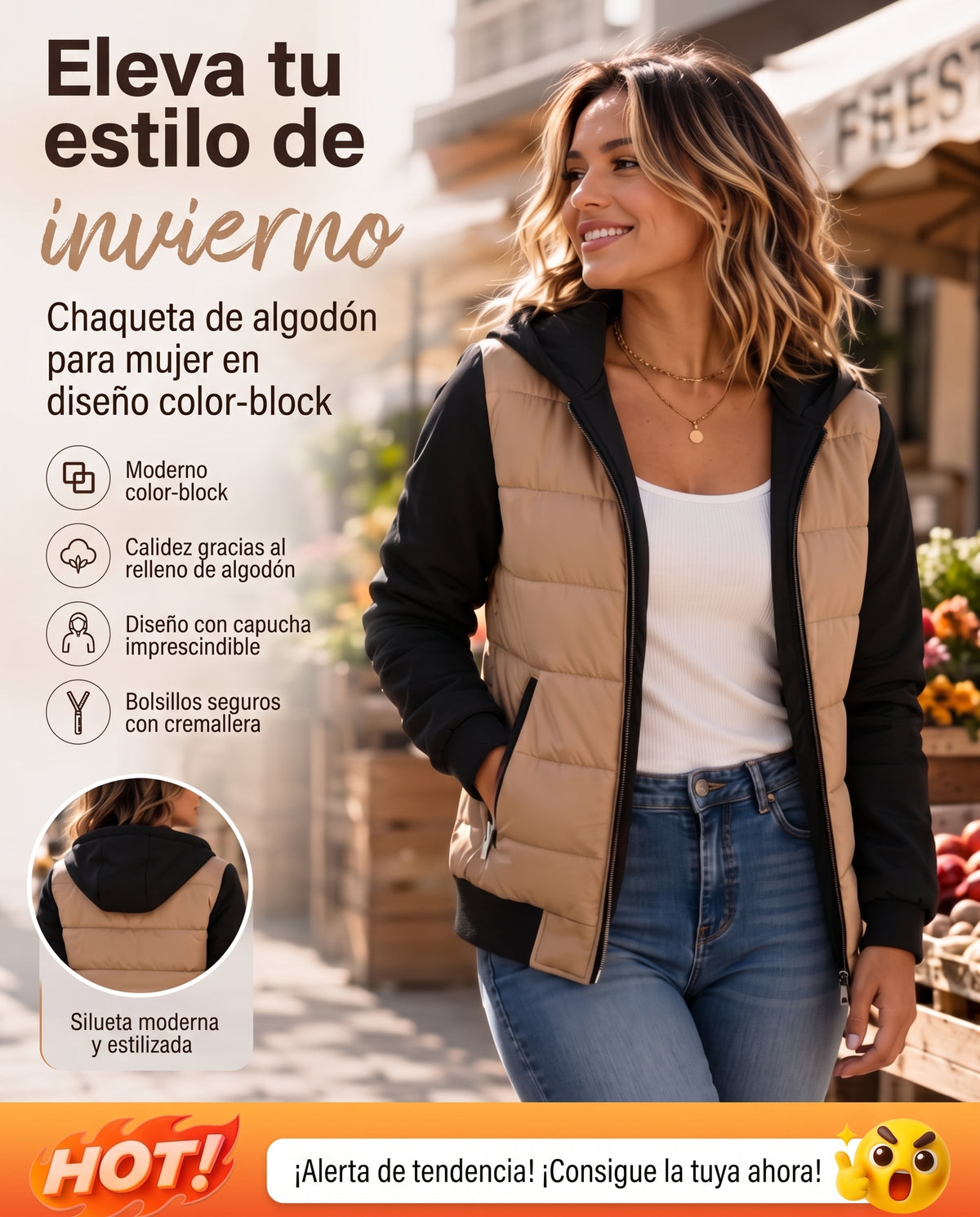 📢🎉¡Liquidación! Por debajo del precio de coste🛍️✨Chaqueta con capucha acolchada de bloques de color para mujer