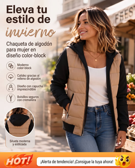 📢🎉¡Liquidación! Por debajo del precio de coste🛍️✨Chaqueta con capucha acolchada de bloques de color para mujer