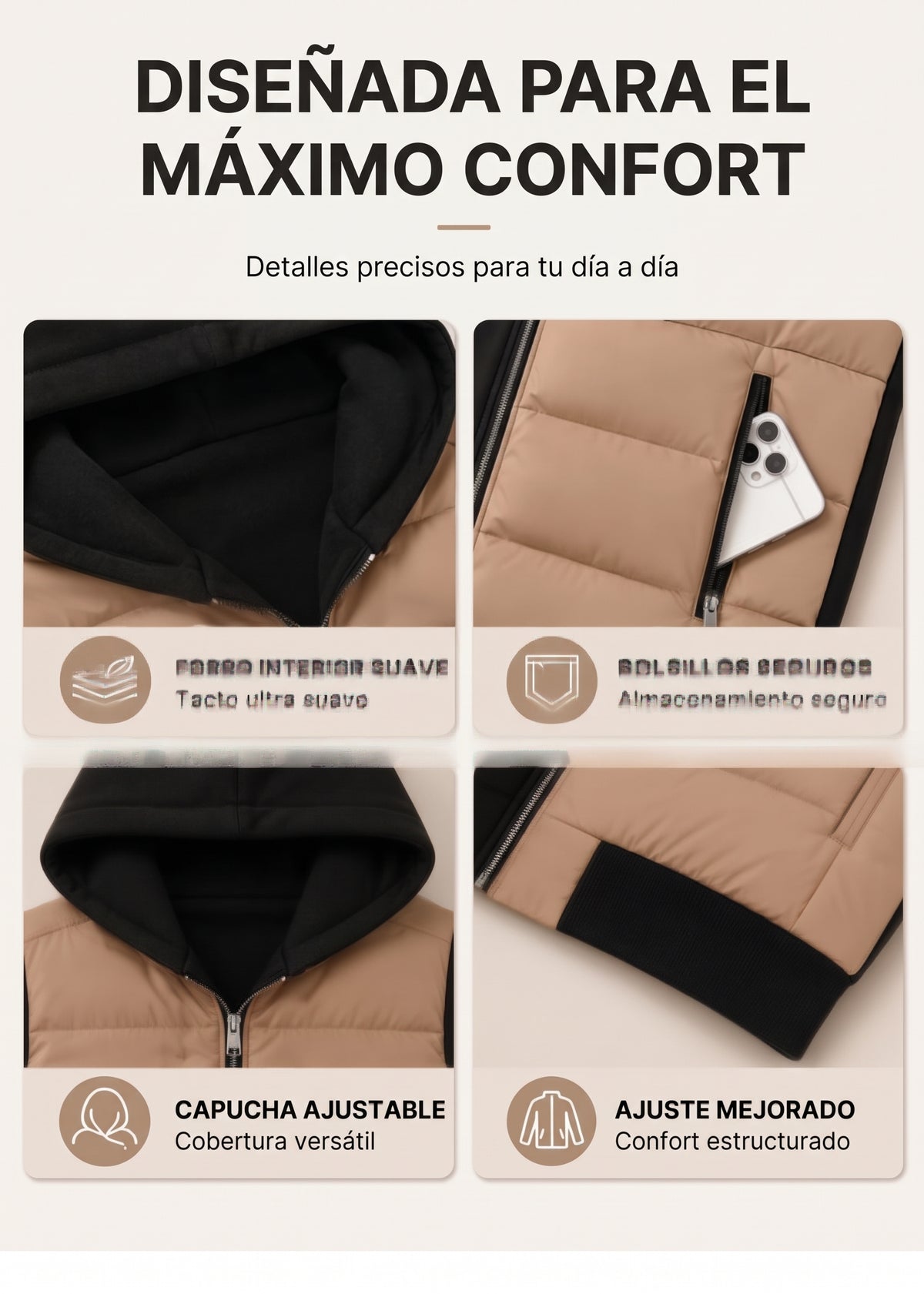 📢🎉¡Liquidación! Por debajo del precio de coste🛍️✨Chaqueta con capucha acolchada de bloques de color para mujer