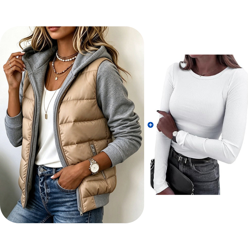📢🎉¡Liquidación! Por debajo del precio de coste🛍️✨Chaqueta con capucha acolchada de bloques de color para mujer