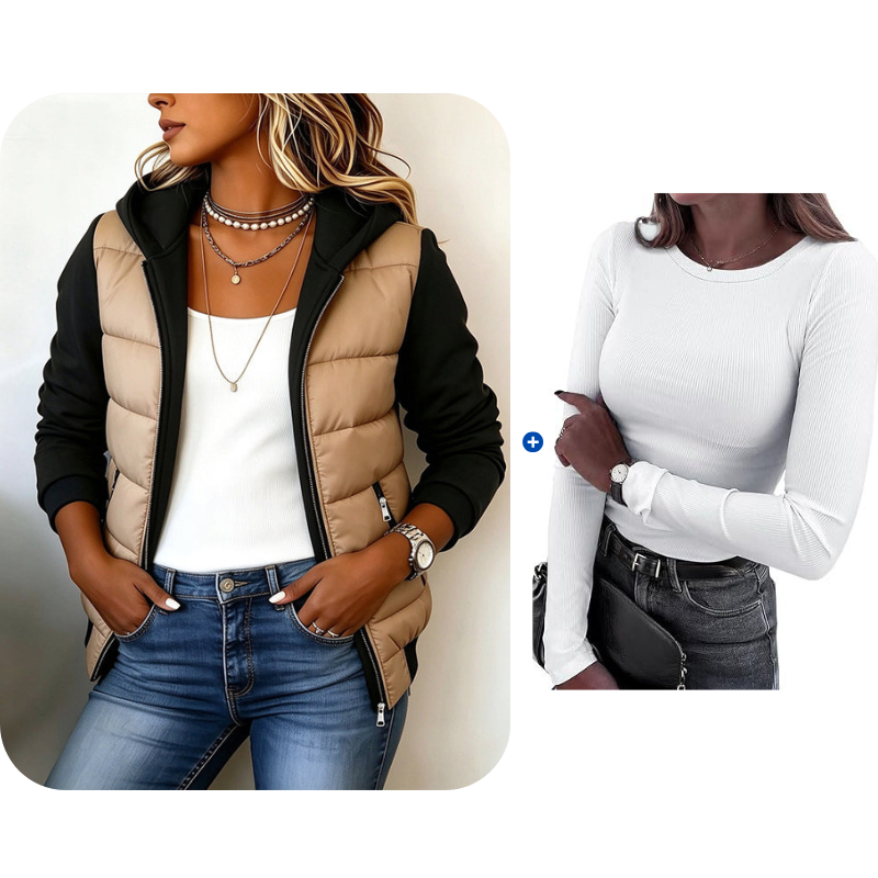 📢🎉¡Liquidación! Por debajo del precio de coste🛍️✨Chaqueta con capucha acolchada de bloques de color para mujer