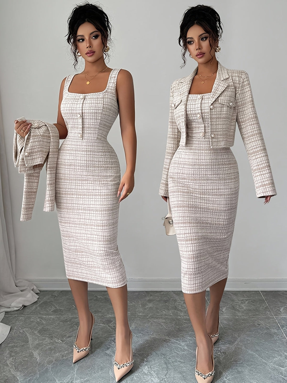 Conjunto de tweed a cuadros Celeste