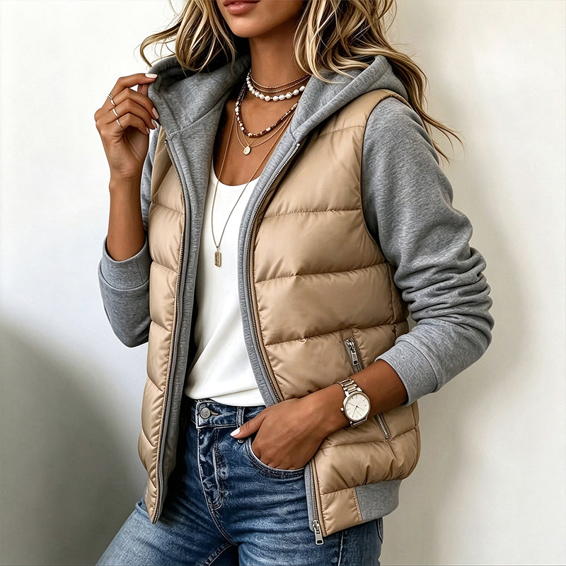 📢🎉¡Liquidación! Por debajo del precio de coste🛍️✨Chaqueta con capucha acolchada de bloques de color para mujer
