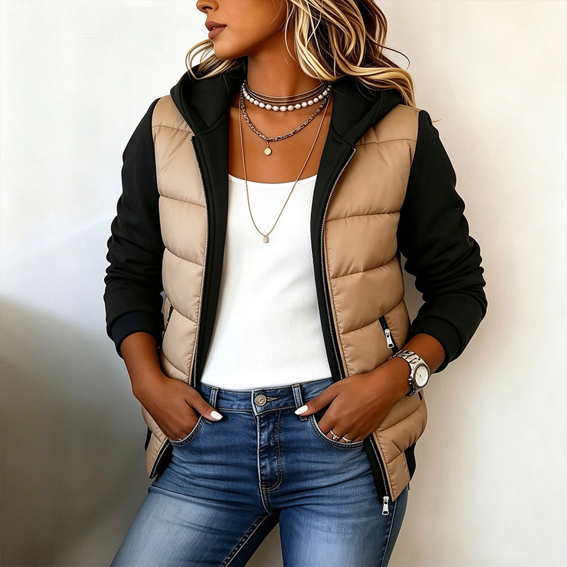 📢🎉¡Liquidación! Por debajo del precio de coste🛍️✨Chaqueta con capucha acolchada de bloques de color para mujer