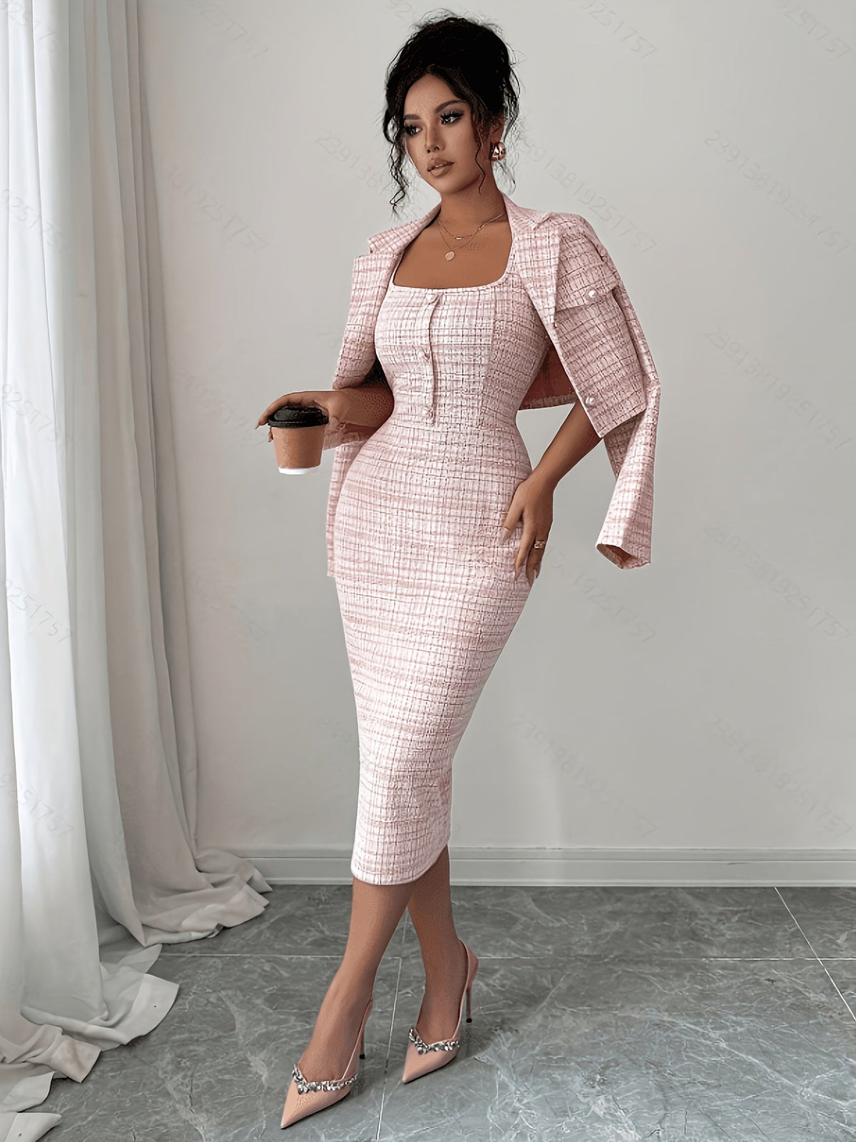 Conjunto de tweed a cuadros Celeste